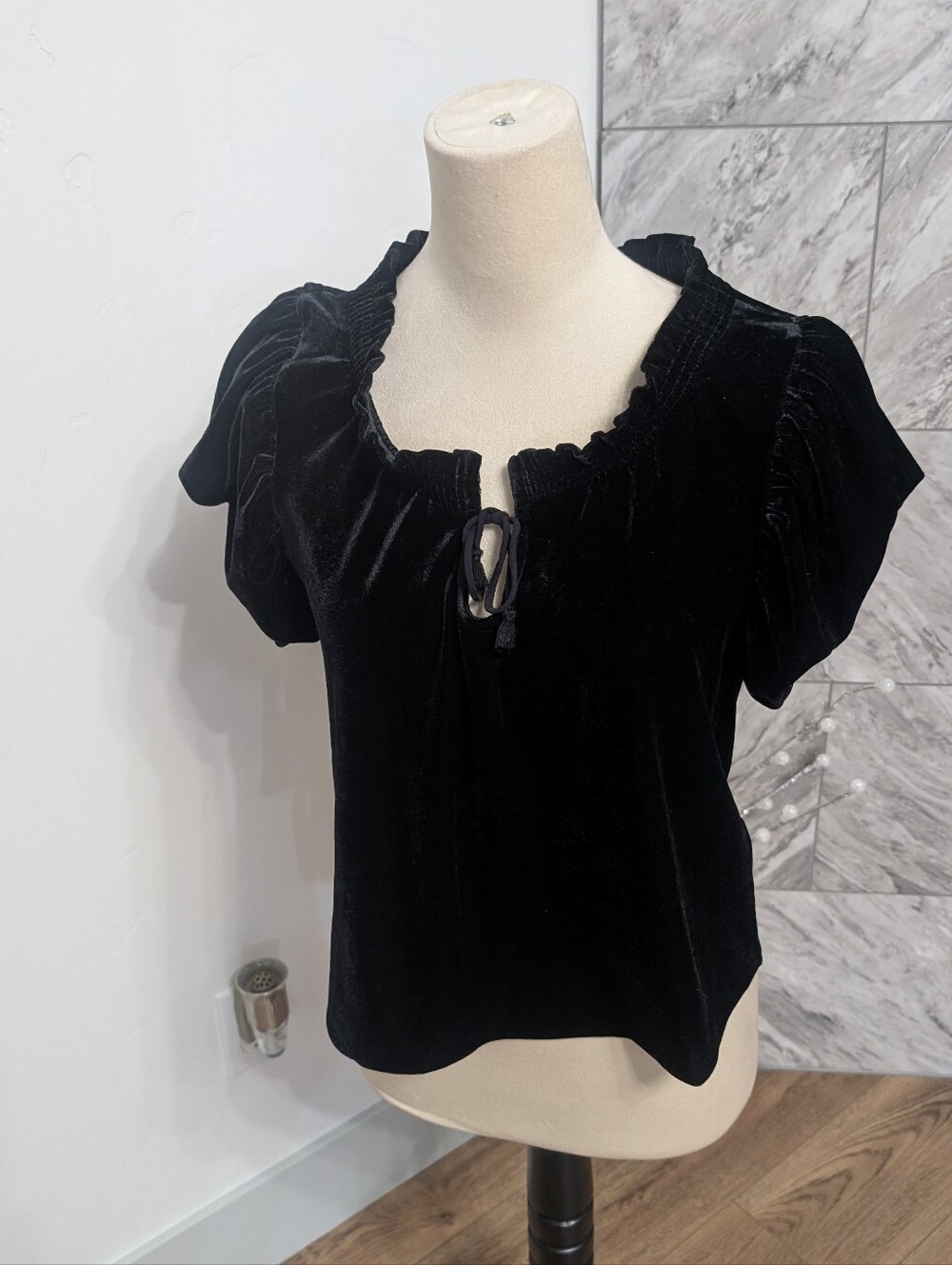 Black Velvet Tie-Neck Women's Top
